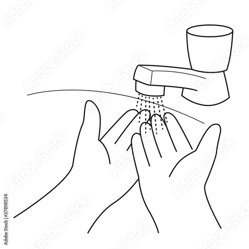 Wash your hands. Vector black and white line drawing illustrations for manual instructions, banner, information posters. Isolated icon.