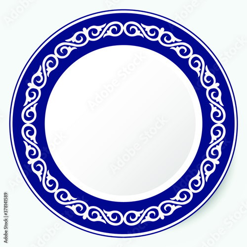 Circle frame, workpiece for your design. Ornamental elements and motifs of Kazakh, Kyrgyz, Uzbek, national Asian decor for plate, textile and print design. Round frame. Vector. 