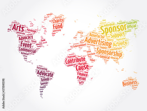 Sponsor word cloud in shape of world map, business concept background