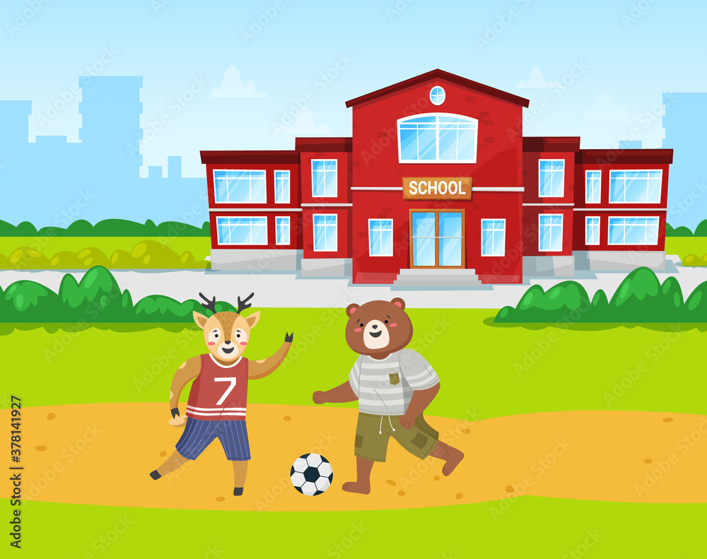 Animals students bear and deer play football on the playground in front of  the school building cartoon theme. Pupils in physical education class  running kicking the ball outdoor on a sportsground Stock