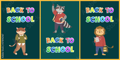 Back to school concept, colorful vector banner with bright lettering and animals students characters welcoming pupils on dark green school board. Kids bright illustration with education equipment