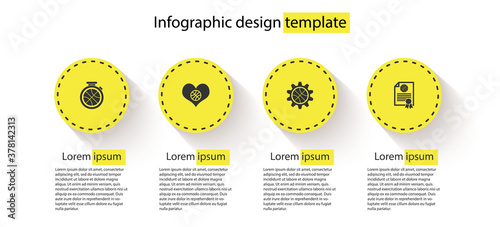Set Stopwatch with basketball ball, Heart, Planning strategy concept and Certificate award. Business infographic template. Vector.