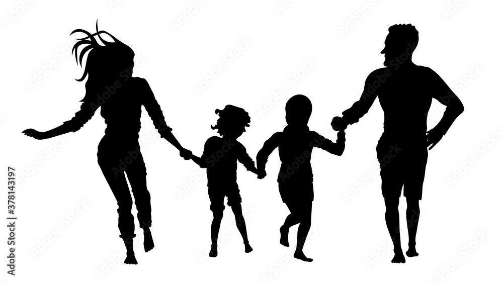Family running silhouette vector illustration. Father, mother, daughter and son having fun.