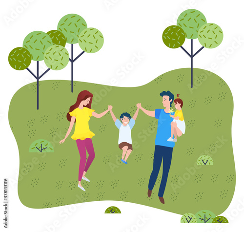 Large family walks in park or square. Mom, dad and two children. Father holds daughter in his arms, son plays. Outdoor activities. Trip out of town. Fun days. Family holiday. Green spaces. Flat image