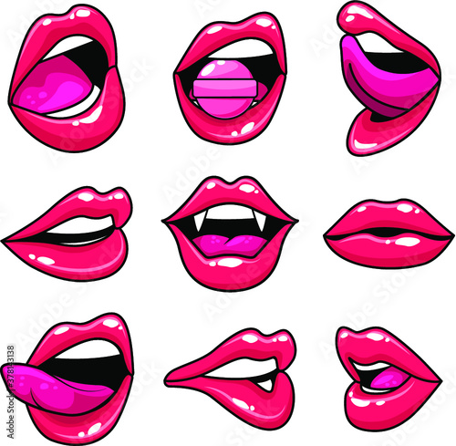Fashion patch badges with lips and white stroke. Set of stickers and patches in cartoon 80s-90s comic style in vector. Ready for print