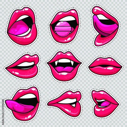 Fashion patch badges with lips and white stroke. Set of stickers and patches in cartoon 80s-90s comic style in vector. Ready for print
