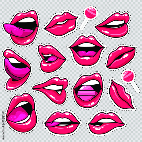 Fashion patch badges with lips and white stroke. Set of stickers and patches in cartoon 80s-90s comic style in vector. Ready for print