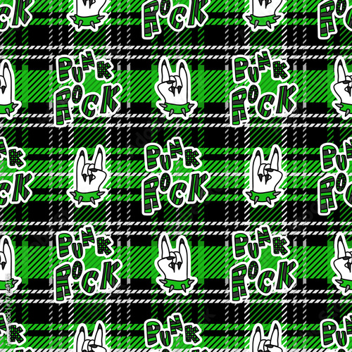 Cute punk rock on hand with text background vector pattern. Grungy alternative checkered home decor with cartoon. Seamless rocker attitude all over print. 