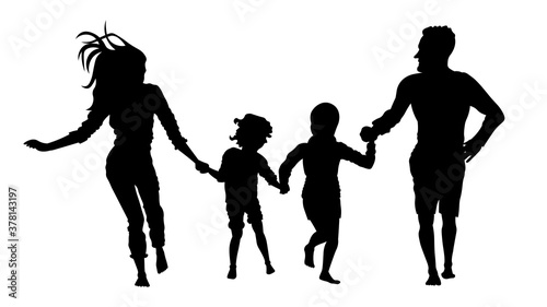Family running silhouette vector illustration. Father, mother, daughter and son having fun.