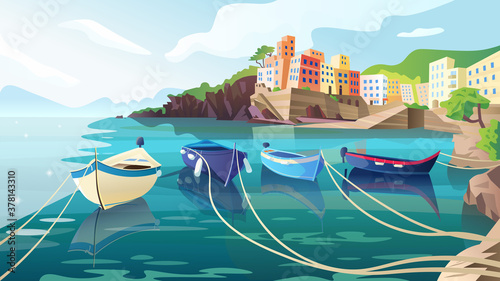 Beautiful summer landscape. Seaview background. Harbour with boats, rocks, hills, mountains and old town. A view from the water of Riomaggiore, Cinque Terre. Italy. Cartoon vector illustration,