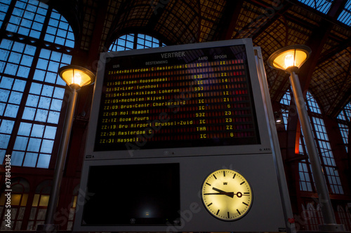 Antwerp, Belgium - July 20 2019: Train departures timetable in the Central Station of Antwerp