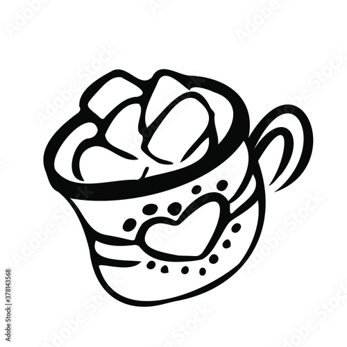 Hand drawn cup with marshmallows doodle icon. Isolated.