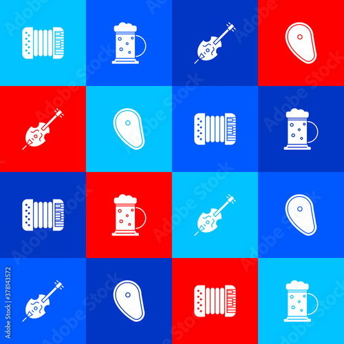 Set Accordion, Wooden beer mug, Violin and Steak meat icon. Vector.
