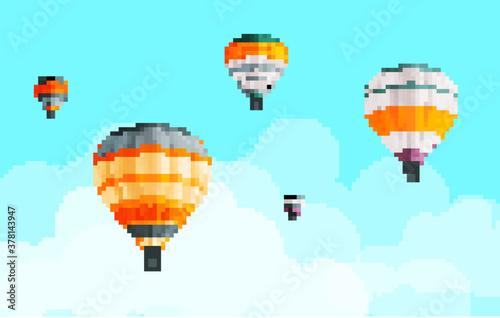 Air balloons collection at blue sky with clouds background, fly aerial transport, hot air balloon icons set, striped multicolored aerial transportation with basket, summer trip, travel tour, journey