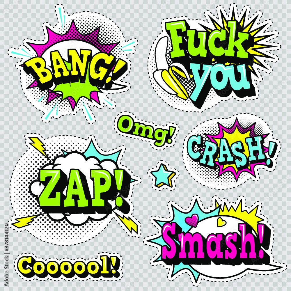 Comic sound effects in pop art vector style. Pop Art on a transparent background, bright stickers in the style of comics. Sound bubble speech with word and comic cartoon expression sounds illustration Comic sound effects in pop art vector style. Pop Art on a transparent background, bright stickers in the style of comics. Sound bubble speech with word and comic cartoon expression sounds illustration