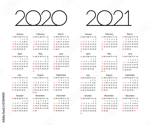 Calendar 2020 2021 year - vector illustration. Week starts on Sunday. Editable calendar template with holiday USA