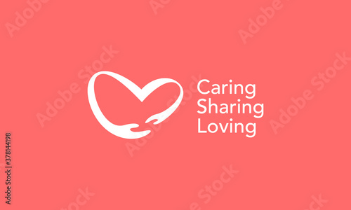 illustration vector graphic of modern, simple, flat, abstract mark, combination hand and heart love, caring, sharing, loving logo design