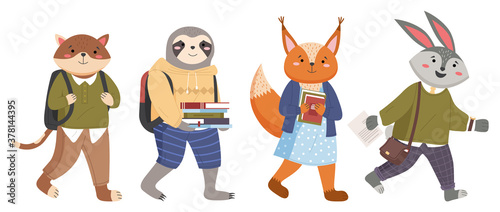 Collection of funny animals students. Cartoon pupils schoolkids in uniform go to school for lesson. Characters of forest inhabitants get an education, studying with books, holding school bags isolated