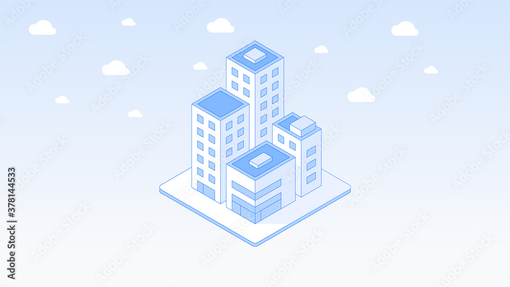 Isometric technology building business or corporate illustration cover cloud platform construction web