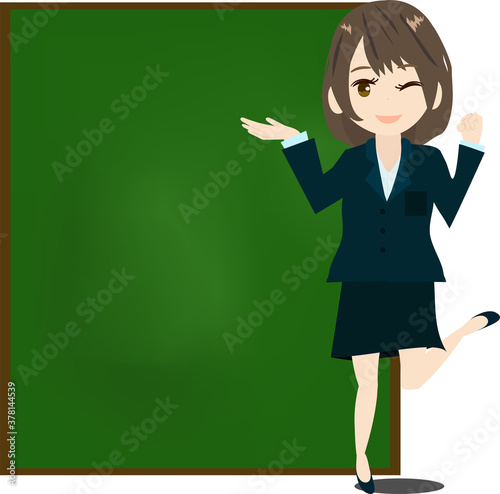 黒板を指す可愛いビジネスウーマンのイラスト