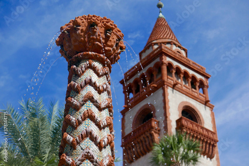 Architectural detail of a tower and water fountain at Flagler College, St. Augustine, Florida, USA photo