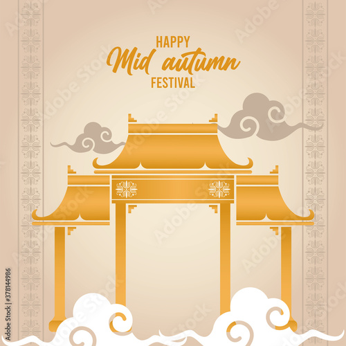 happy mid autumn lettering card with chinese arch and clouds