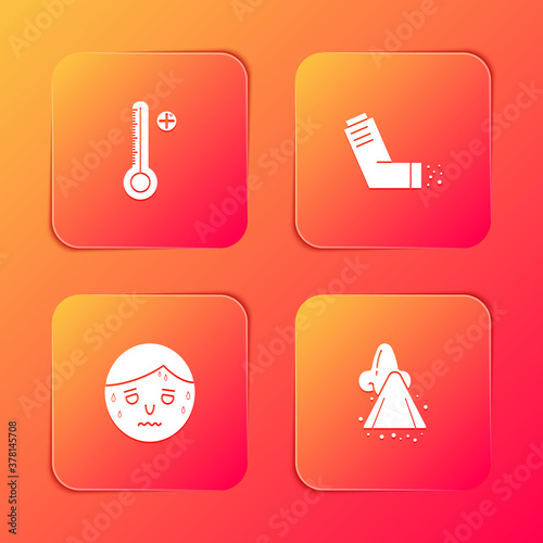 Set Medical digital thermometer, Inhaler, Man with excessive sweating and Runny nose icon. Vector.
