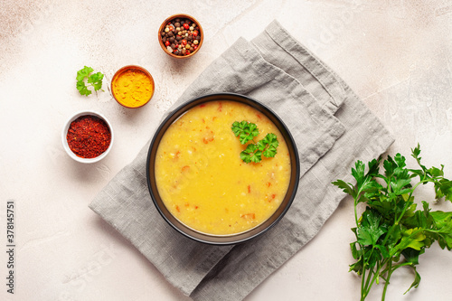 Lentil peas soup (Masoor Dal or Dal Tadka Curry). Indian national dish. Top view.