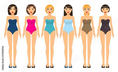 Swimsuit in different colors, set of young girls wearing underwear swimsuit, lady with various hairtyles, blonde, brunette, collection of pretty women in bathing suit, isolated swimming suit