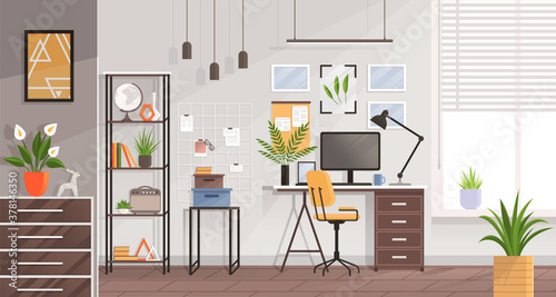 Workplace modern design in living room. Office, studio, cabinet or home workspace interior with gray wall, desktop, PC computer, documets, plants, furnitures. Freelancer s apartment Flat illustration