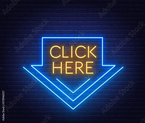Click here neon sign on brick wall background .