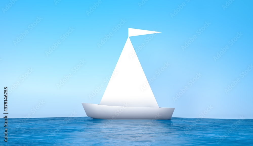 3d rendering, Realistic mock up of white folded paper boat origami style with empty space for your copy and design on the object, blue sky and ocean background.