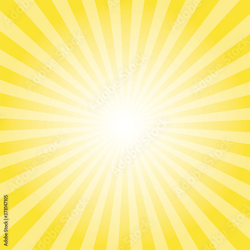 Sunburst background. Banana yellow radiate sun beam burst effect. Sunbeam light flash boom. Sunrise glow burst. Solar radiance glare, retro design illustration