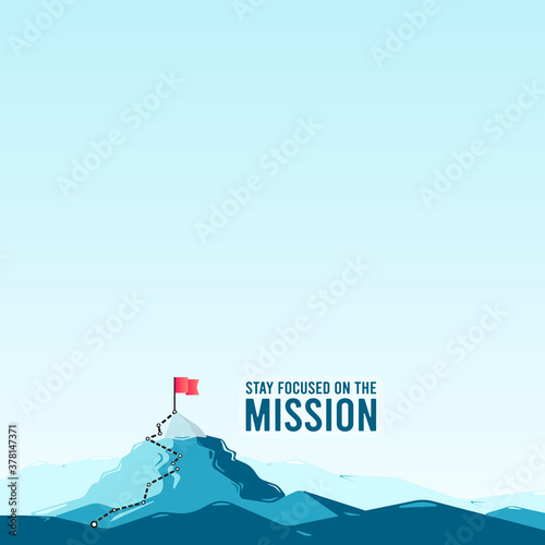 Flag on the mountain peak. Flat style vector illustration