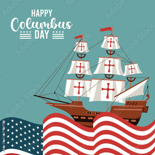 happy columbus day celebration with ship and usa flag