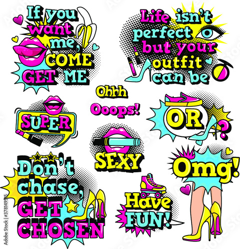 Fashion patch badges with lips, hearts, shoes, lipstick, cosmetics, stars, cool text and other elements with stroke. Set of stickers and patches in cartoon 80s-90s comic style in vector