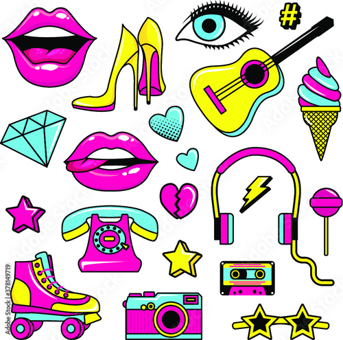 Fashion patch badges with lips, hearts, shoes, lipstick, cosmetics, stars and other elements. Set of stickers and patches in cartoon 80s-90s comic style. Vector illustration