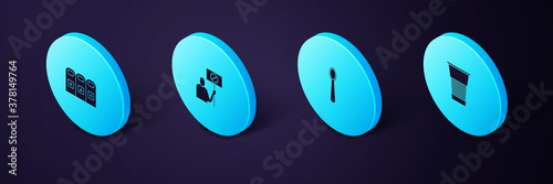 Set Isometric Paper glass, Disposable plastic spoon, Nature saving protest and Trash garbage cans sorted icon. Vector.
