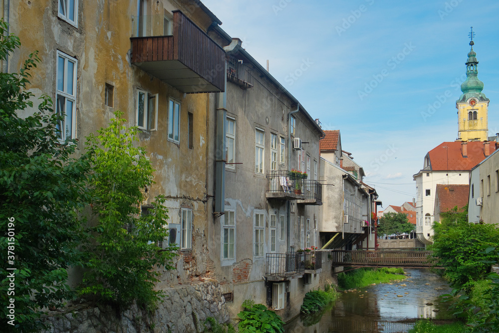 The colorful street view and the water canal of medieval town of Samobor, Croatia
