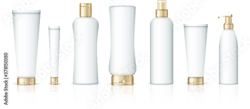 Realistic cosmetic bottles on white background. Cosmetic cream containers and tubes for cream, lotion, shampoo, gel, balsam, conditioner, spray. 3d Vector Illustration