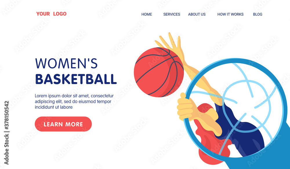 Women's basketball landing page. Female athlete throws ball into basket top view. Vector flat cartoon illustration.