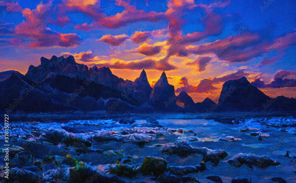 Twilight in the mountains and a small river overflowing. Digital painting structure Twilight in the mountains and a small river overflowing. Digital painting structure