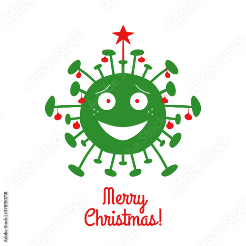 Merry Christmas. Green cartoon coronavirus bacteria with red christmas tree balls and star on the top. Isolated on a white background. Vector stock illustration.