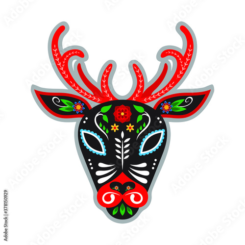 Deer with flowers. Day of the dead vector illustration. Colorful mexican sugar skull. 