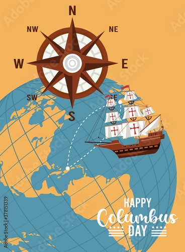 happy columbus day celebration with boat and earth planet