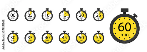 Stopwatch, timer icons set. Speed ​​measurements, countdown from 0 to 60 seconds. Vector illustration