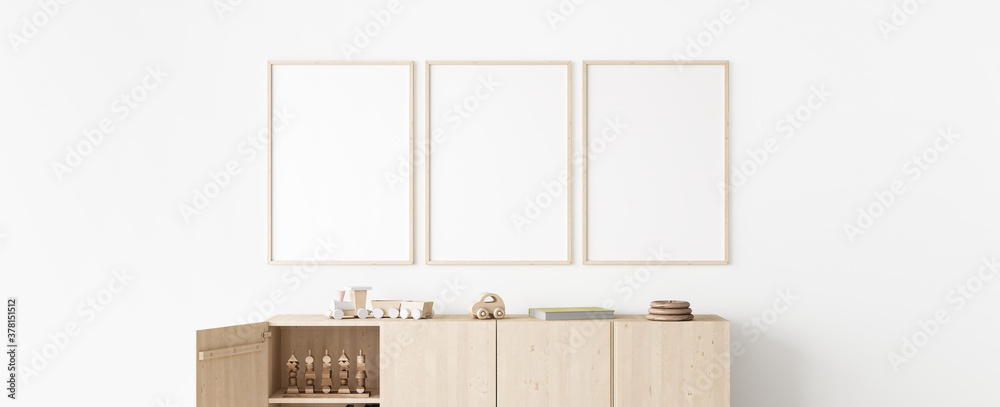 Poster frame mock up in child bedroom, Scandinavian unisex nursery design, 3d render - obrazy, fototapety, plakaty 