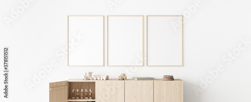 Poster frame mock up in child bedroom, Scandinavian unisex nursery design, 3d render photo