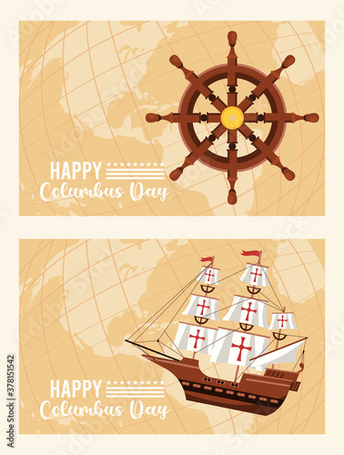 happy columbus day celebration with ship rudder and caravel