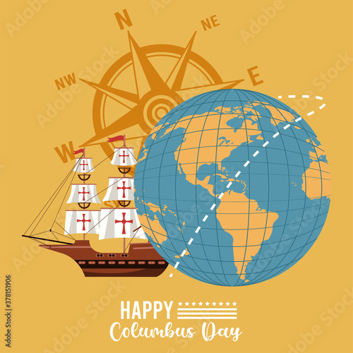 happy columbus day celebration with sailboat and compass